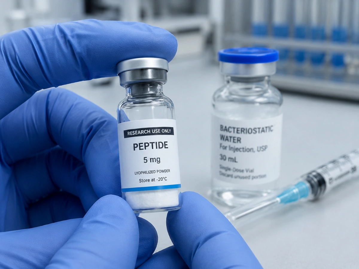 Gloved hands holding a lyophilized peptide vial in a research lab
