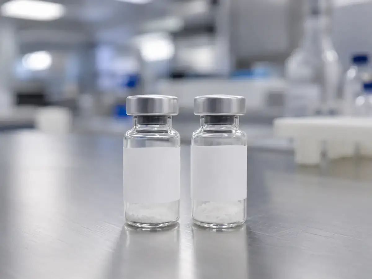 Research vials of lyophilized Epithalon powder on a lab bench