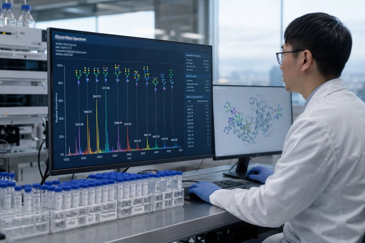 Researcher analyzing HCG glycosylation data in laboratory