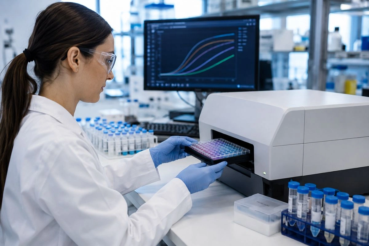 Researcher running HCG immunoassay in research laboratory