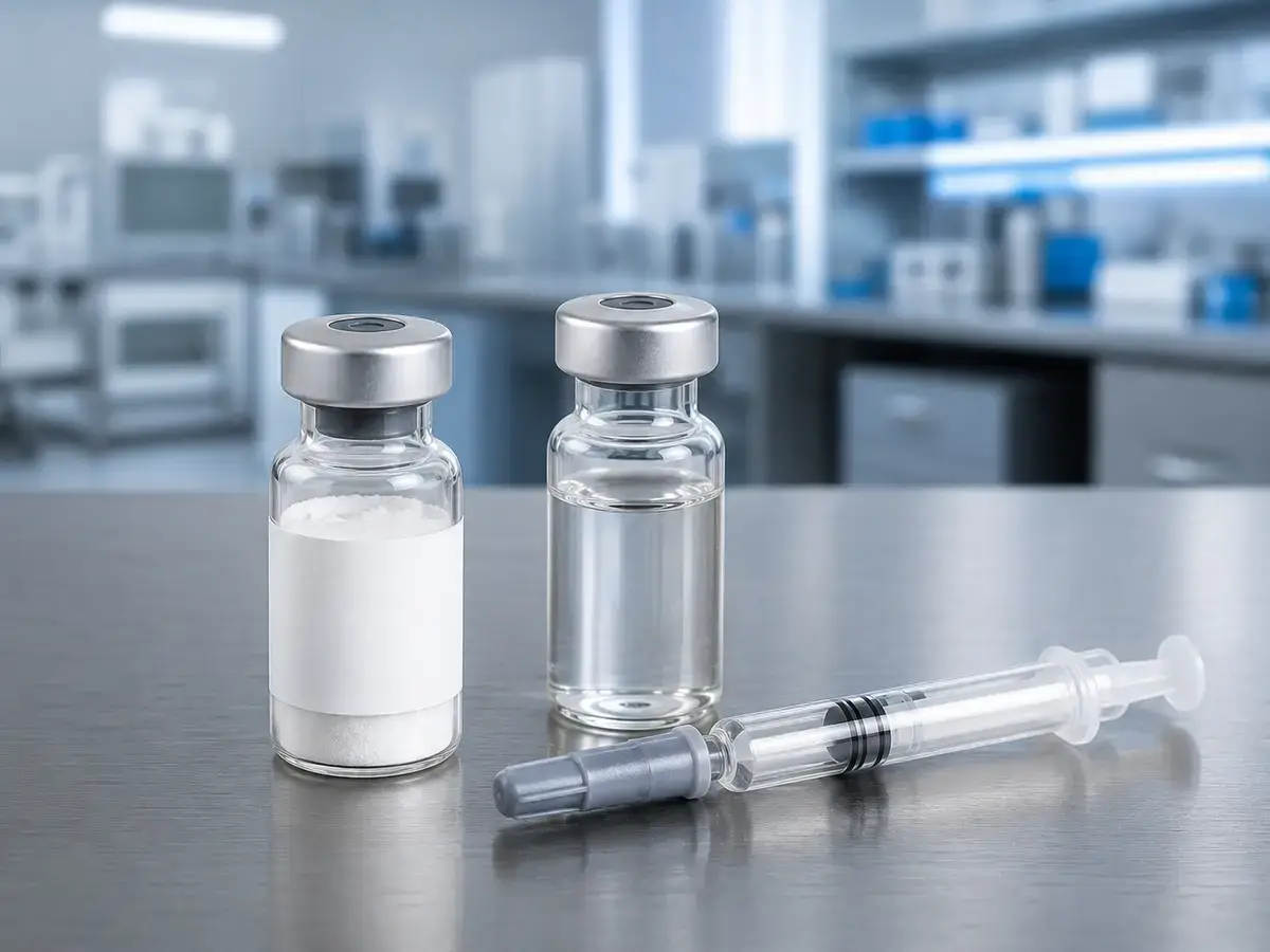 Lyophilized Hexarelin Acetate vial on a laboratory bench