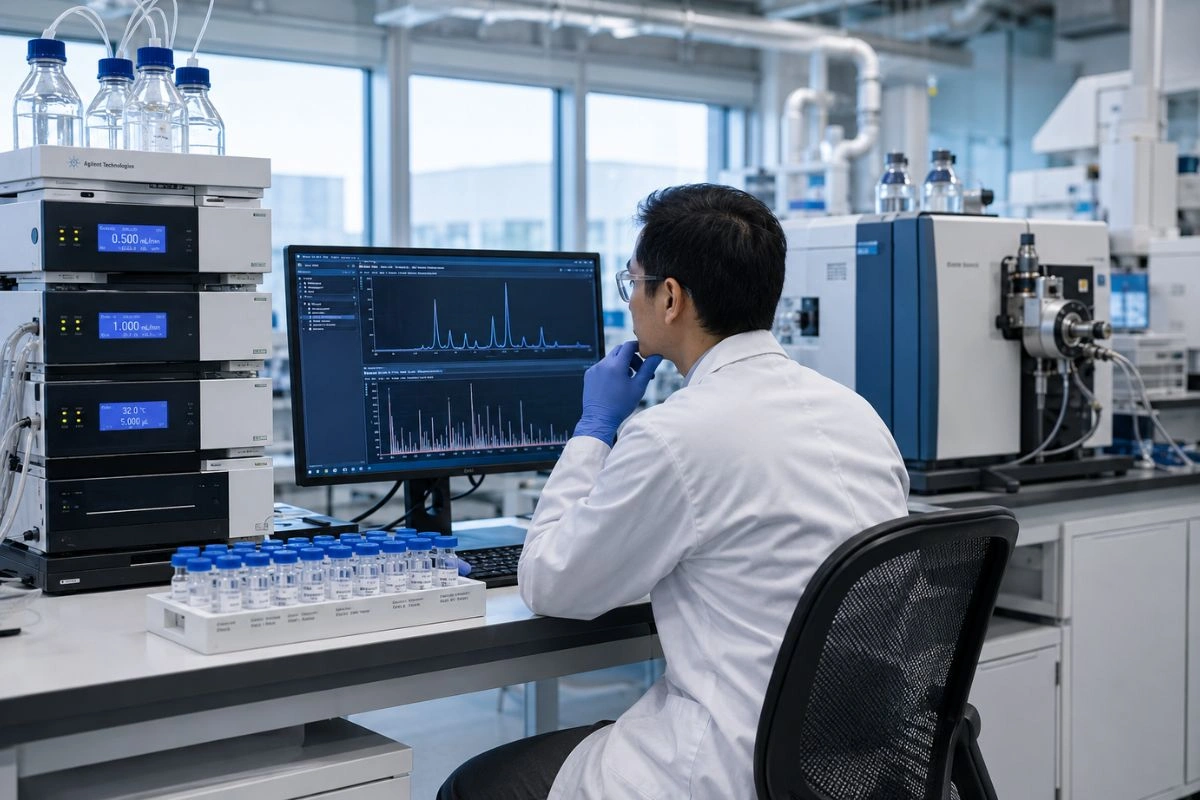 Researcher verifying Epithalon purity using HPLC instrument