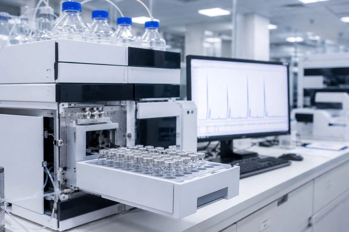 HPLC system analyzing research peptide sample purity