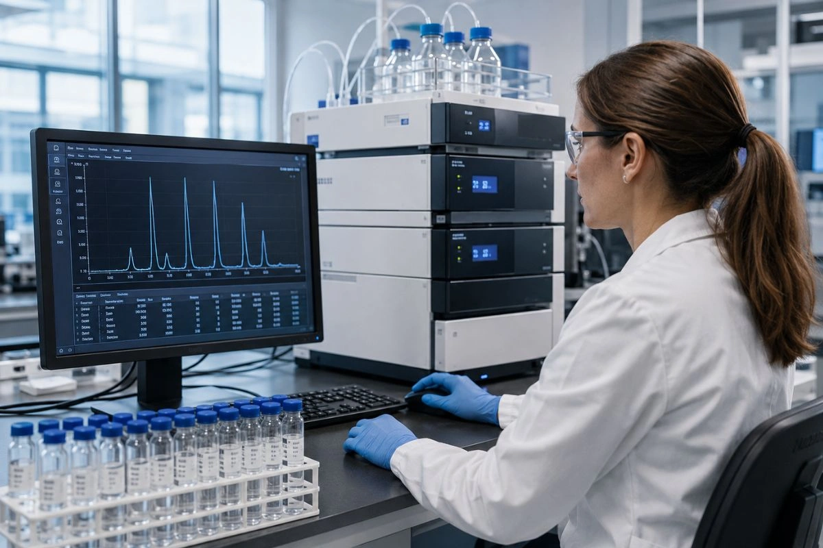 Researcher verifying GLOW multi-peptide blend with HPLC