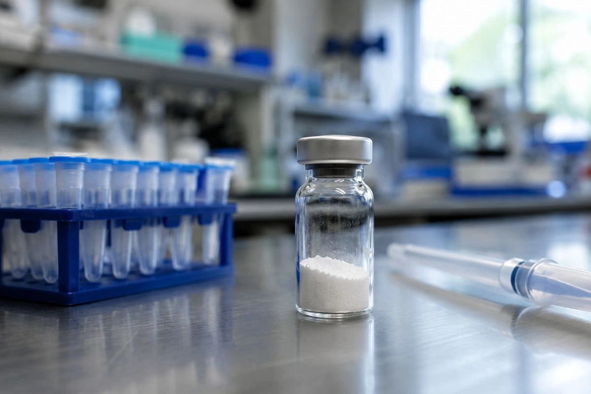 Lyophilized research peptide vial on laboratory bench