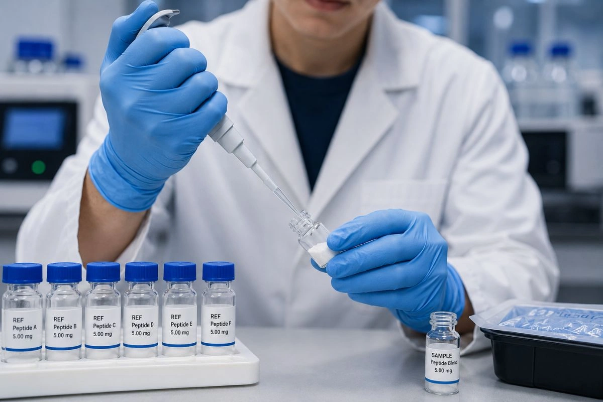 Researcher reconstituting Kisspeptin-10 research peptide in lab