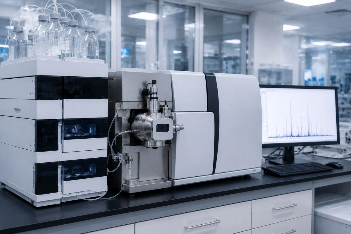 Mass spectrometer characterizing research peptide in laboratory