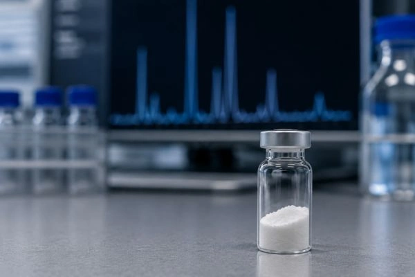 Peptide sample vial beside purity chromatogram display