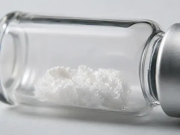 Freeze-dried Hexarelin Acetate peptide powder in a research vial