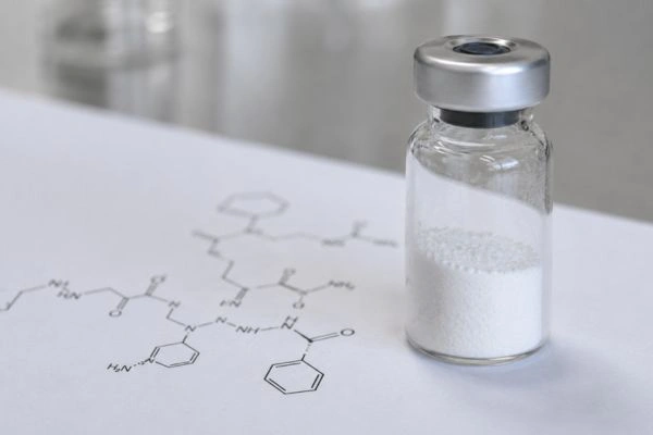 Research peptide vial beside molecular structure diagram