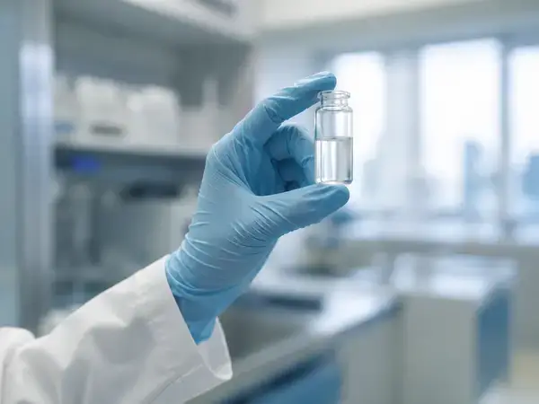 Researcher inspecting a kisspeptin research vial in a laboratory 