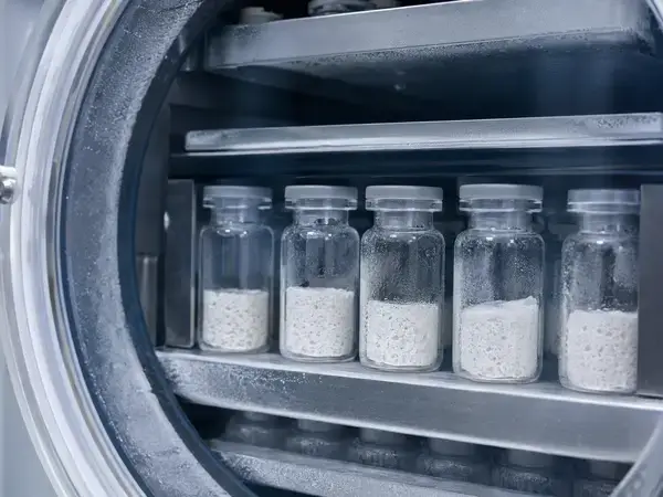 Lyophilizer producing freeze-dried research peptides in glass vials
