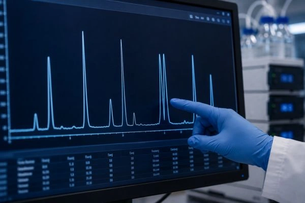 Complex chromatogram showing multiple closely resolved peaks