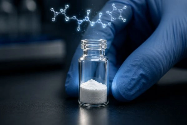 Lyophilized peptide vial representing fragile research material