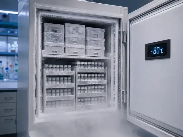 Freeze-dried peptides held in cold cryogenic laboratory storage