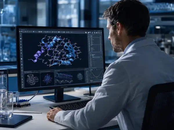 Peptide molecular structure on a lab monitor for Kisspeptin-10 vs Kisspeptin-5