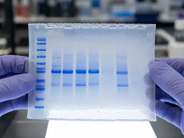 Recombinant HGH SDS-PAGE gel with protein bands and molecular weight ladder