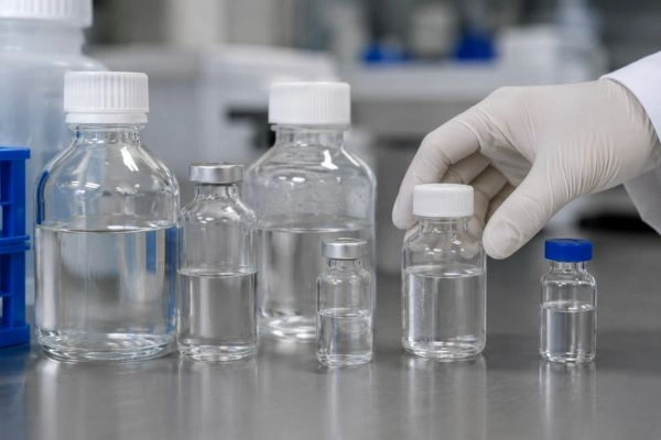 Laboratory solvent bottles arranged for peptide reconstitution