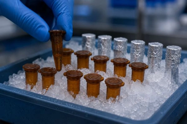 Amber tubes on ice protecting peptide integrity