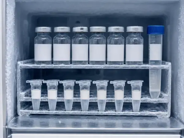 Hexarelin Acetate vials in cold laboratory freezer storage