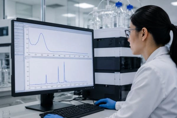Researcher reviewing ultraviolet detection data on screen