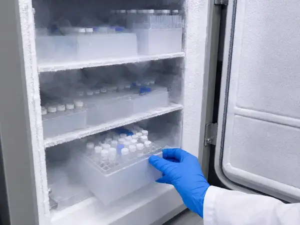 Cold storage freezer holding research vials for stability