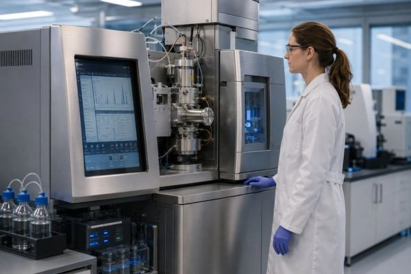 Researcher beside high-resolution mass spectrometer analyzer instrument