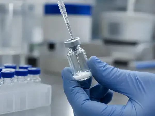 Gloved hands reconstituting a peptide blend by adding diluent down the vial wall