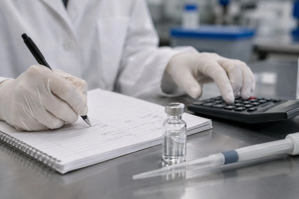 Scientist calculating peptide stock solution concentration values