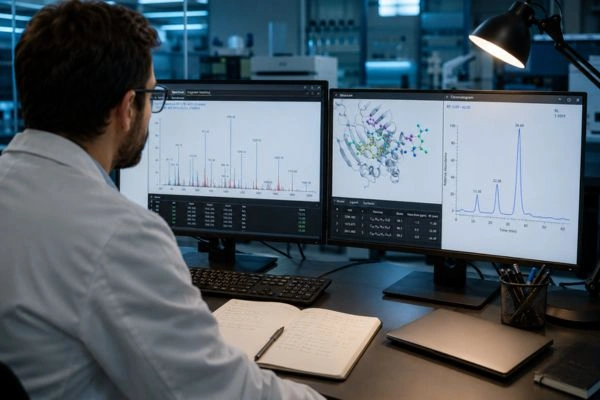 Researcher reviewing combined analytical data for characterization workflow