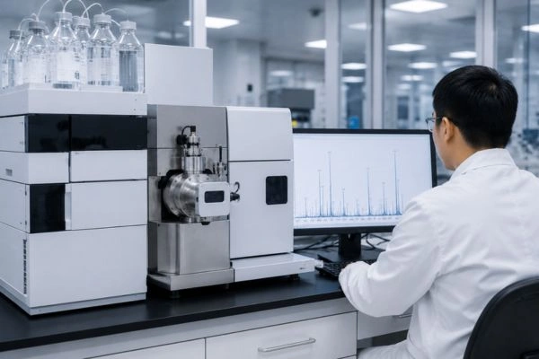 LC-MS instrument confirming peptide identity in laboratory