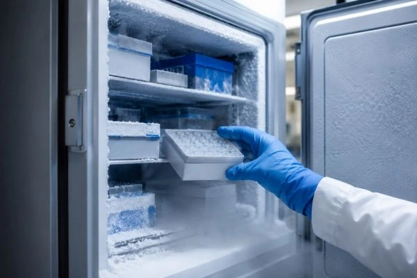 Laboratory freezer storing aliquoted research peptide samples
