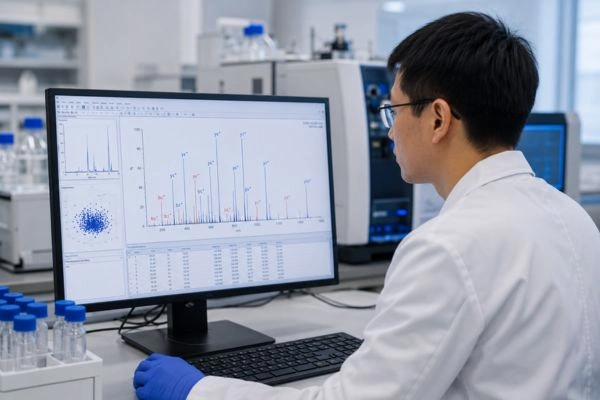 Researcher analyzing tandem mass spectrometry fragmentation spectrum