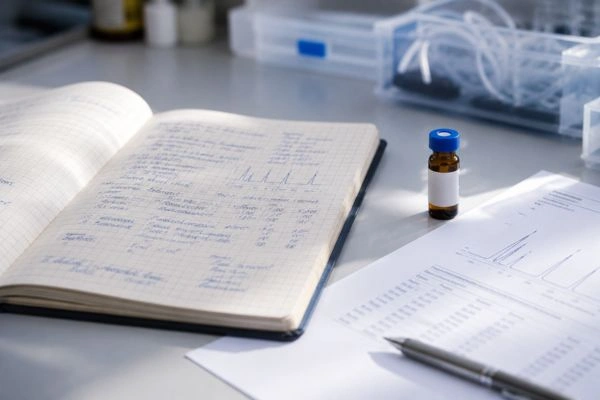 Laboratory notebook beside peptide reference standard vial