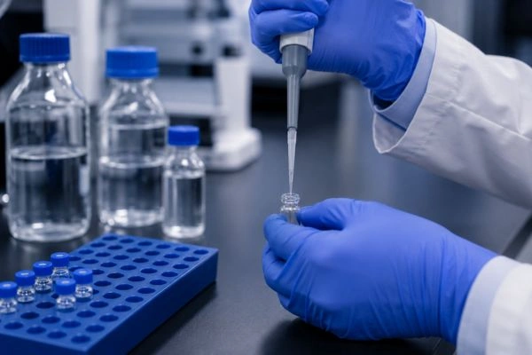 Gloved hands pipetting sample into MS vial