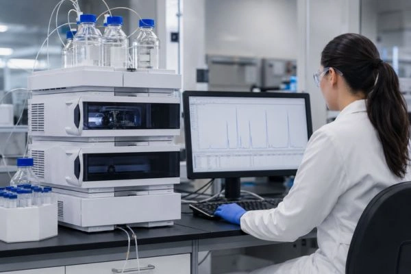 Scientist analyzing peptide stability using HPLC instrument