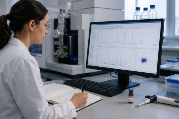Scientist documenting mass spectrometry results in notebook