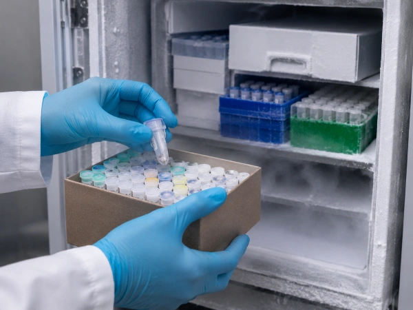 Peptide vials in cold laboratory storage