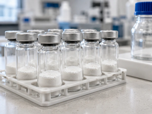 Research vials in a laboratory rack
