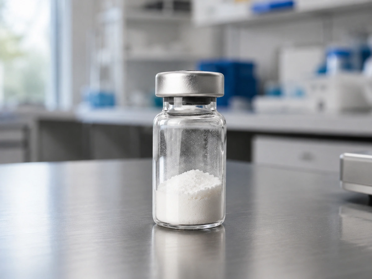 HCG research powder vial on lab bench