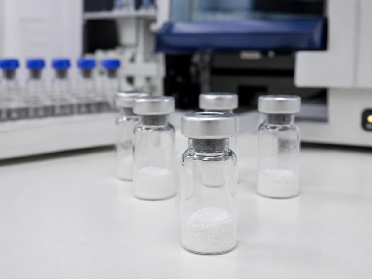 Hexarelin acetate vials on a lab bench