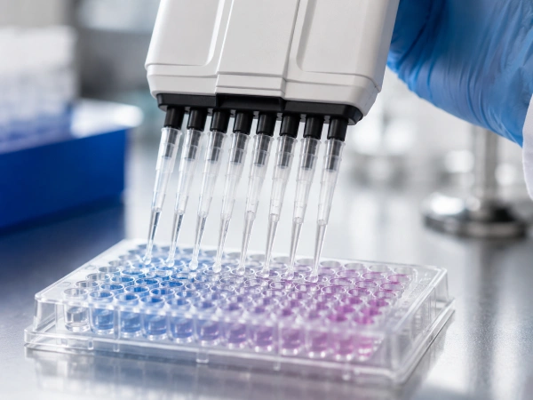Pipette loading a 96-well assay plate