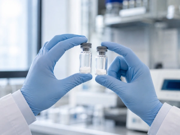 Gloved hands comparing two peptide vials