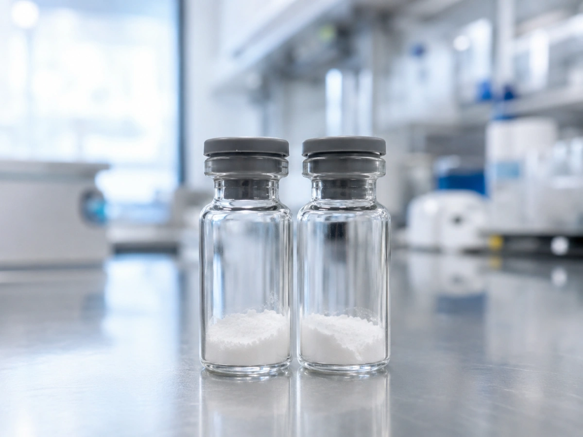Two research peptide vials on a lab bench