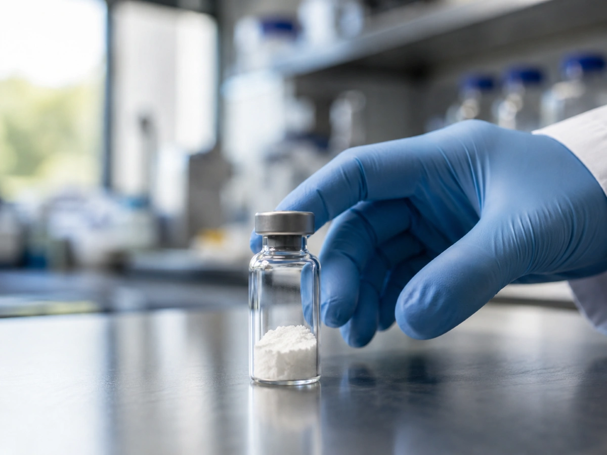 Vial of kisspeptin-10 peptide powder in a lab