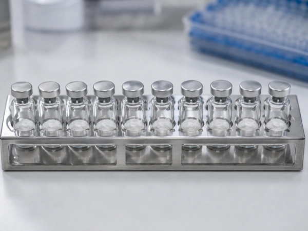 Rack of research peptide vials on a lab bench