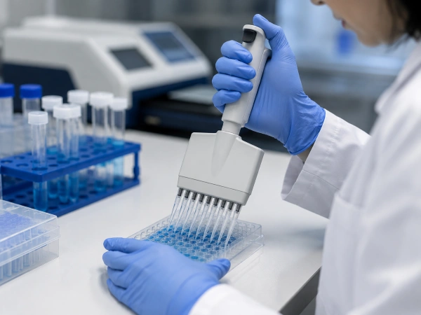 Researcher pipetting samples into a microplate