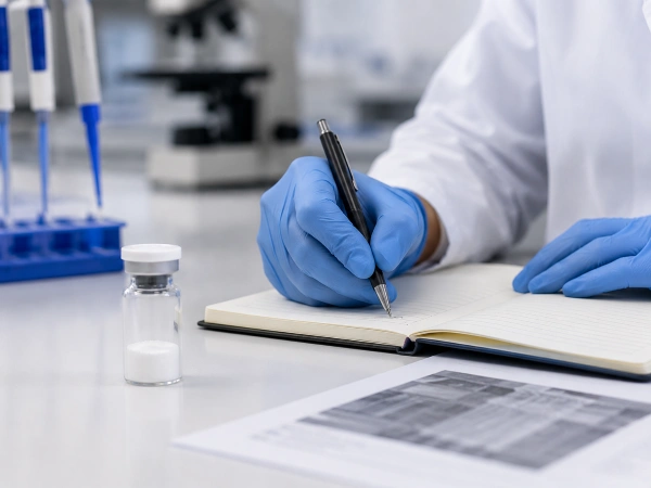 Gloved hand logging notes beside a vial