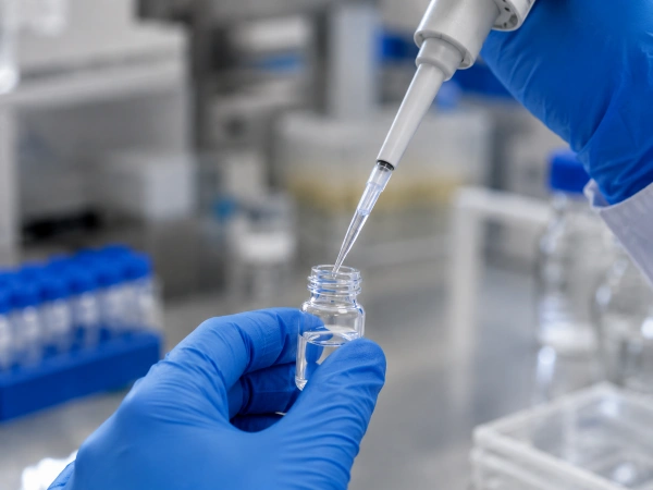 Gloved hands pipetting into research vial