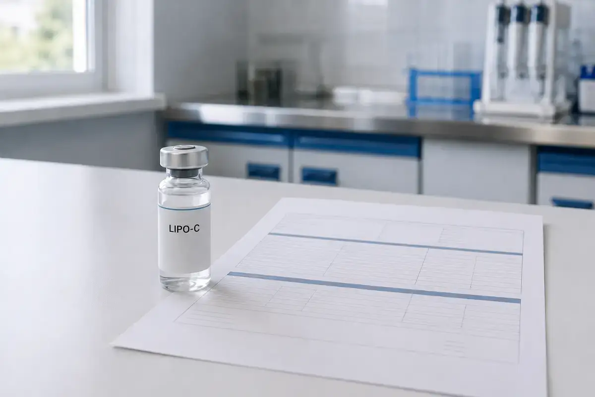 Lipo-c research vial with certificate of analysis document on laboratory bench